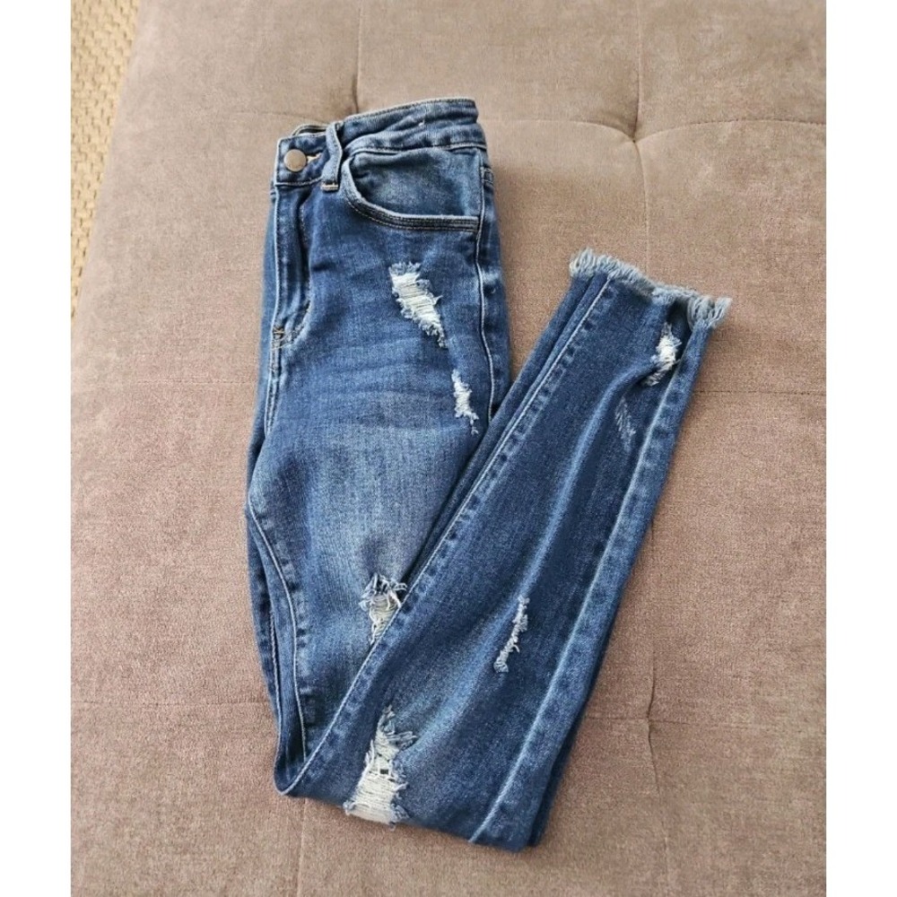 Nature Denim Distressed Skinny Jeans Size 5 26 Blue Raw Hem Stretchy